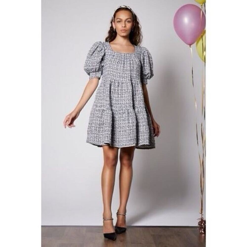 NWT Sister Jane Waltz Tweed Confetti Mini Dress Blue And White Puff Sleeve Large